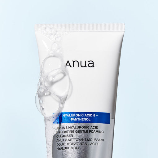 Best Friend Beauty Anua Hyaluronic Acid 8 + Panthenol foaming cleanser tube with bubbly texture on light blue background