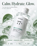 Best Friend Beauty Anua Heartleaf 77 Hyaluron Soothing Toner bottle surrounded by water splashes for deep hydration.