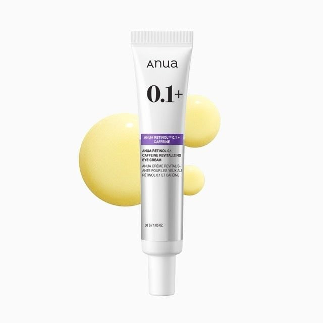 Best Friend Beauty Anua Retinol 0.1 Caffeine Revitalizing Eye Cream in a white squeeze tube with purple accents