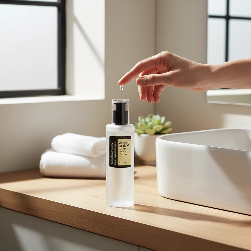 Best Friend Beauty COSRX Advanced Snail 96 Mucin Power Essence bottle with a hand dispensing a drop of serum