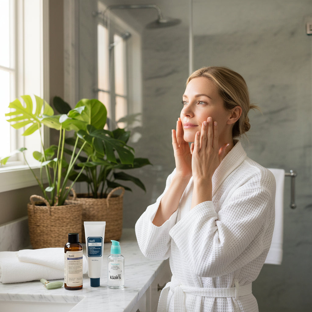 Best Friend Beauty KLAIRS skincare set with toner, serum, and cream on a bathroom counter with a woman applying product